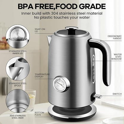 Pukomc Electric Kettle,1.7L Stainless Steel Electric tea kettle with Temperature Gauge, Fast Boiling, Auto Shut - off, BPA - Free, Boil - Dry Protection, (Silver)