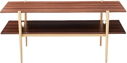 Shrine Rectangle Coffee Table, Mid-Century Modern Design, Two-Tier Walnut MDF Table, 41" D x 21" W x 17" H, Sleek Conical Metal Legs with Gold Finish