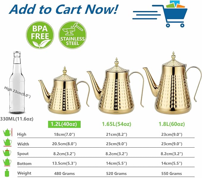 SANQIAHOME 1.2L(40oz) Stainless Steel Hammer Patterned Teapot With Removeable Infuser,Loose leaf cover,Gold