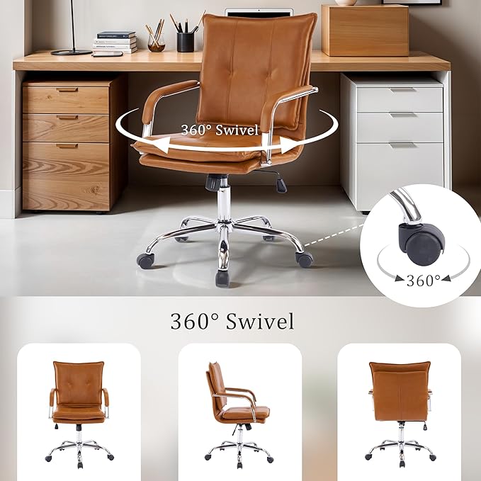 Mid-Back Ergonomic Leather Office Chair, Modern Upholstered Executive Desk Chair with Gold Frame Armrest Computer Task Chair (Camel &Silver Legs)