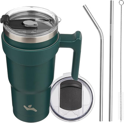 20 oz Tumbler with Handle and 2 Straw 2 Lid, Insulated Water Bottle Stainless Steel Vacuum Cup Reusable Travel Mug,Army Green