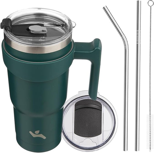 20 oz Tumbler with Handle and 2 Straw 2 Lid, Insulated Water Bottle Stainless Steel Vacuum Cup Reusable Travel Mug,Army Green