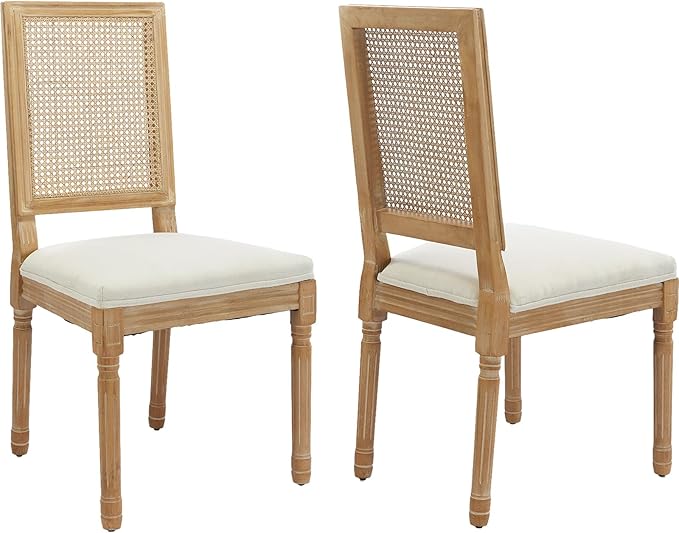 Vintage French Country Dining Chairs Set of 2, Rattan Dining Chairs with a Square Back, Beige Upholstered Dining Chair, Sillas para Comedor, Kitchen & Dining Room Chair (Beige, Rattan, 2Pcs)