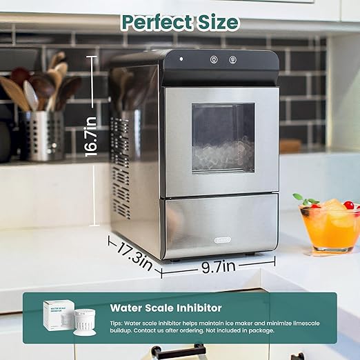 Gevi V2.0 Countertop Gemi Nugget Ice Maker | Self-Cleaning Pellet Ice Machine | Stainless Steel Housing |16.7''H Fits Perfectly Under Wall Cabinet | Silver with Viewing Window