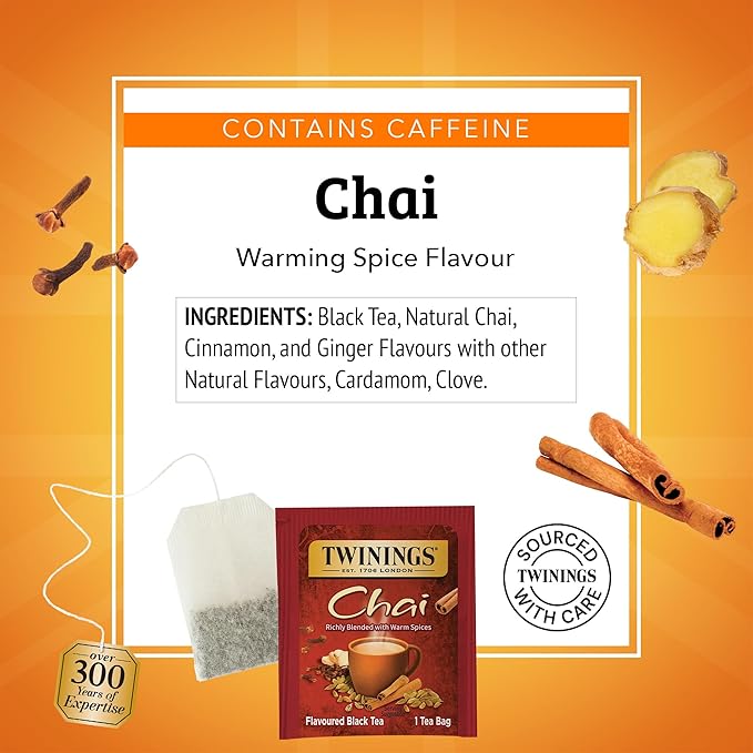 Twinings Chai Black Tea Individually Wrapped Bags, 25 Count (Pack of 6), Sweet, Savoury Spices, Caffeinated, Enjoy Hot or Iced, 150 Teabags