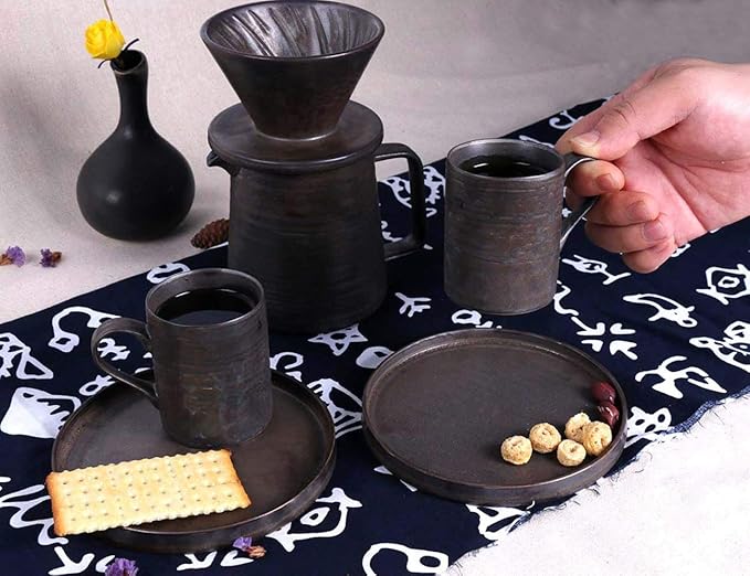 Handmade Stoneware Pour Over Drip Coffee Maker & Cups Set, Coffee Brewer Dripper Cone Filter, Coffee Decanter & Espresso Cups & Saucers Gift Set, Annular Veins Retro Metallic Glazed,16oz