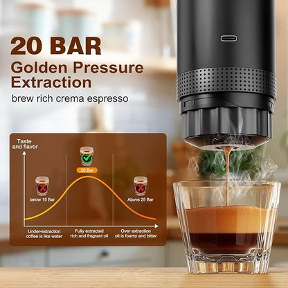 Portable Electric Espresso Maker, 20 bar Mini Travel Coffee maker, Expresso Coffee Machines with USB-C,3-in-1 Car Coffee Maker Self-Heating, Ground Coffee & Capsule(Ns&DG) for Office, Camping, RV
