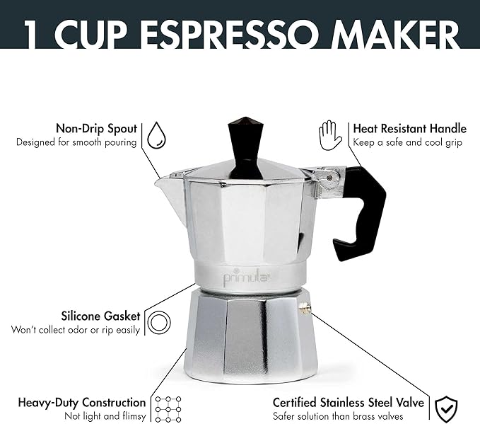 Primula Classic Stovetop Espresso and Coffee Maker, Moka Pot for Italian and Cuban Café Brewing, Greca Coffee Maker, Cafeteras, 1 Espresso Cup, Silver