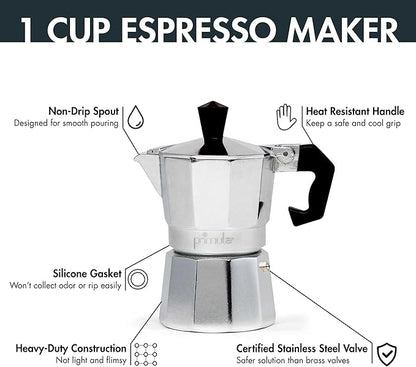 Primula Classic Stovetop Espresso and Coffee Maker, Moka Pot for Italian and Cuban Café Brewing, Greca Coffee Maker, Cafeteras, 1 Espresso Cup, Silver