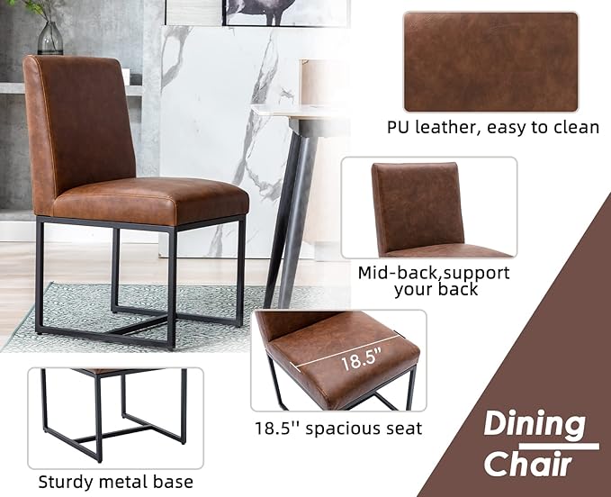 CIMOTA Modern Dining Chairs Set of 4, Leather Dining Room Chairs Upholstered Mid Century Armless Guest Side Chair with Black Base for Dining Room/Kitchen, Vintage Brown 4PCS