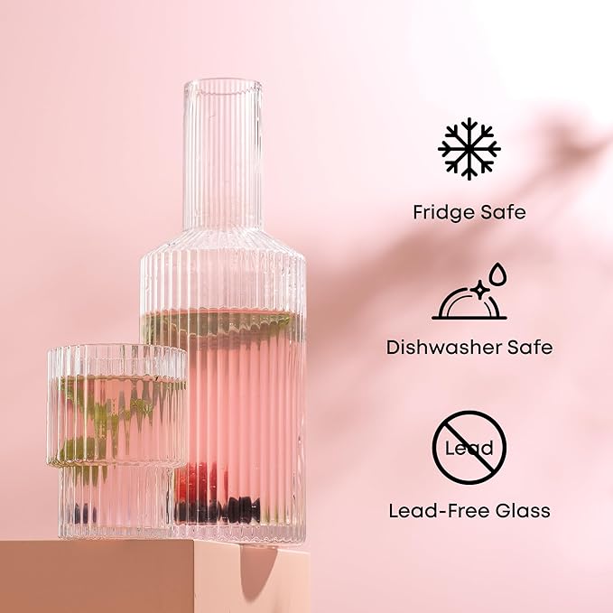 JoyJolt Bedside Water Carafe and Glass Set. Elle Fluted Glass Carafe and Ribbed Glassware. Vintage Nightstand Water, Mouthwash Decanter for Bathroom or Ribbed Vase. Mid Century Modern Glassware