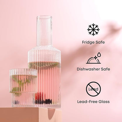 JoyJolt Bedside Water Carafe and Glass Set. Elle Fluted Glass Carafe and Ribbed Glassware. Vintage Nightstand Water, Mouthwash Decanter for Bathroom or Ribbed Vase. Mid Century Modern Glassware