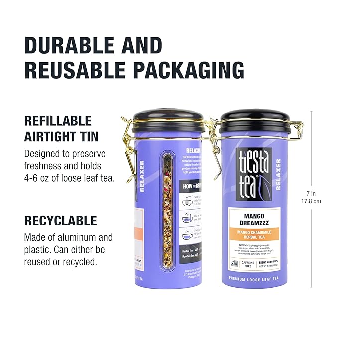 Tiesta Tea - Mango Dreamzzz Chamomile Loose Leaf Herbal Tea, Relaxing Chamomile & Lemongrass Blend, Caffeine-Free, Brew Hot or Iced, Refillable Tin, Makes Up to 50 Cups, 3 Ounce