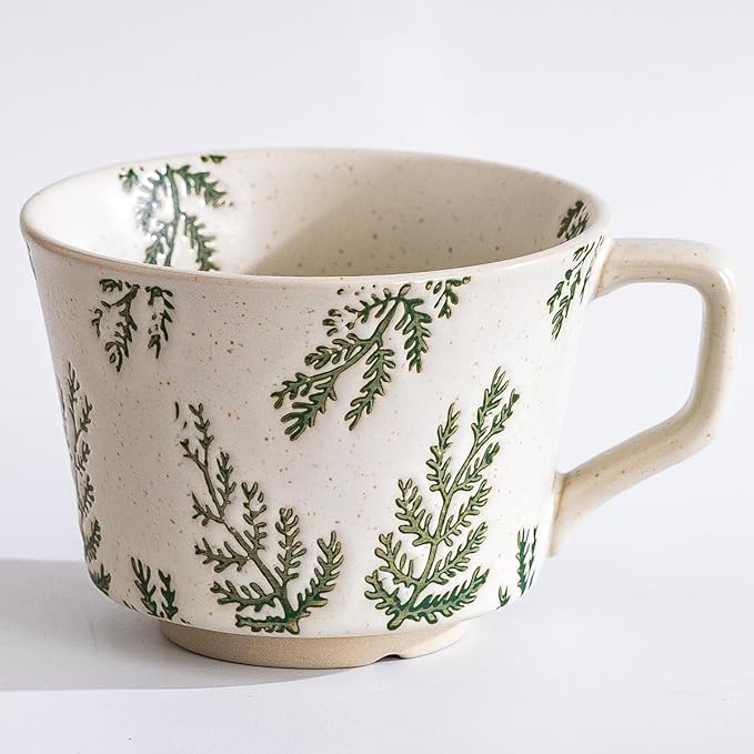 Ceramic Mug 1pcs, 11oz - Vintage Coffee Mug, Pottery Cups for Milk, Latte, Cappuccino, Tea - Porcelain Dishwasher, Microwave Safe Stoneware Green Leaf