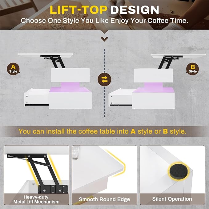 SEDETA 40" Lift Top Coffee Table, Coffee Tables with Storage for Living Room, Small Coffee Table with 2 Drawers & LED Light for Dining Reception Room, White