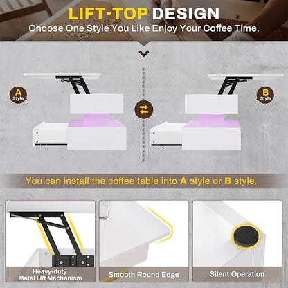 SEDETA 40" Lift Top Coffee Table, Coffee Tables with Storage for Living Room, Small Coffee Table with 2 Drawers & LED Light for Dining Reception Room, White