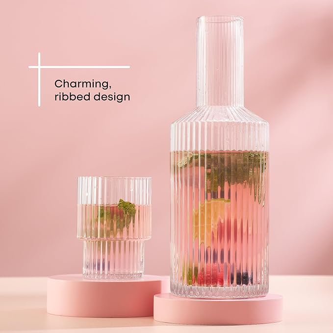 JoyJolt Bedside Water Carafe and Glass Set. Elle Fluted Glass Carafe and Ribbed Glassware. Vintage Nightstand Water, Mouthwash Decanter for Bathroom or Ribbed Vase. Mid Century Modern Glassware