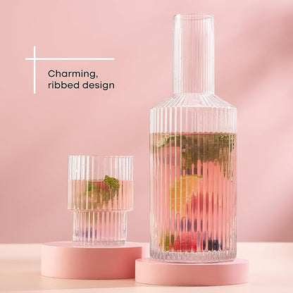 JoyJolt Bedside Water Carafe and Glass Set. Elle Fluted Glass Carafe and Ribbed Glassware. Vintage Nightstand Water, Mouthwash Decanter for Bathroom or Ribbed Vase. Mid Century Modern Glassware