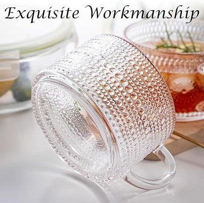 Vintage Coffee Tea Cups, Glass Mugs 14 Oz Set of 2 Embossed Glassware with Handle, for Cappuccino, Latte, Cereal, Yogurt, Beverage Hot/Cold, Milk