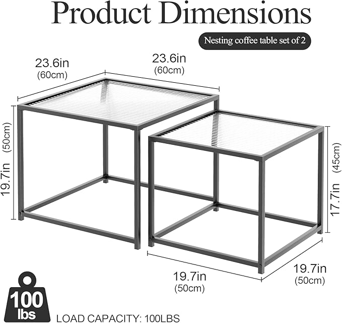 VILAWLENCE Coffee Table Set of 2, Modern Black Glass Side Table, Metal Frame Square End Table, Center Tables, Nesting Coffee Table for Living Room, Bedroom and Small Spaces, 23.6 in