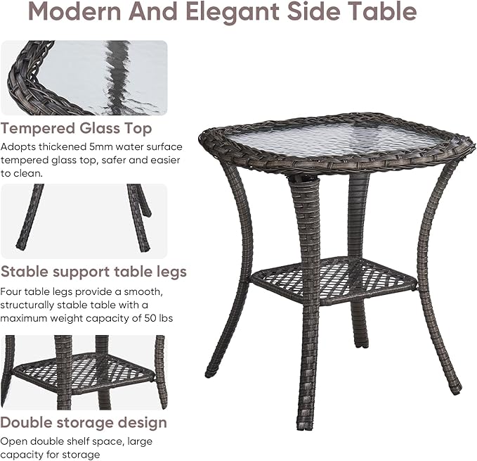 Patio Wicker Side Table, Outdoor PE Rattan End Table with 5mm Tempered Glass Top and 2-Tier Storage Shelf, 20" Square Coffee Table for Deck Porch Garden Backyard-Dark Brown