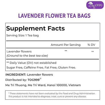 TOG999, Premium 30 Lavender Flower Tea Bags, 100% Natural & Pure from Lavender Flowers. Loose Flower Lavender Herbal Tea. Lavender Flower Tea. No Sugar, No Caffeine, No Gluten, Vegan.