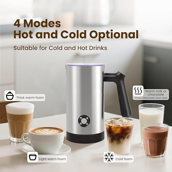 Milk Frother, 4-in-1 Milk Frother and Steamer, 10.6oz Electric Milk Steamer, Automatic Cold and Hot Foam maker for Lattes, Cappuccinos, Ceramic Lining Interior, Brushed