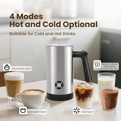 Milk Frother, 4-in-1 Milk Frother and Steamer, 10.6oz Electric Milk Steamer, Automatic Cold and Hot Foam maker for Lattes, Cappuccinos, Ceramic Lining Interior, Brushed
