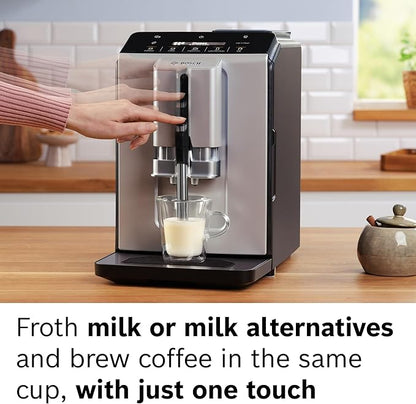 Bosch TIU20508 300 Series Fully Automatic Espresso Machine with Milk Express (in-cup frother), LCD + Touch Control Panel, Cup Warmer, OneTouch Milk-based Beverages and 5 Beverage Options, Dark Silver