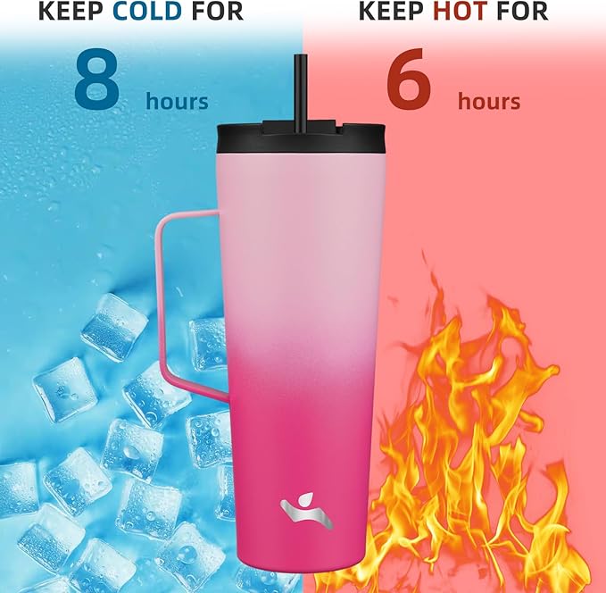 Insulated Tumbler with Handle and Straw, 26 OZ Travel Coffee Mug Stainless Steel Cup Metal Water Bottle,Cherry