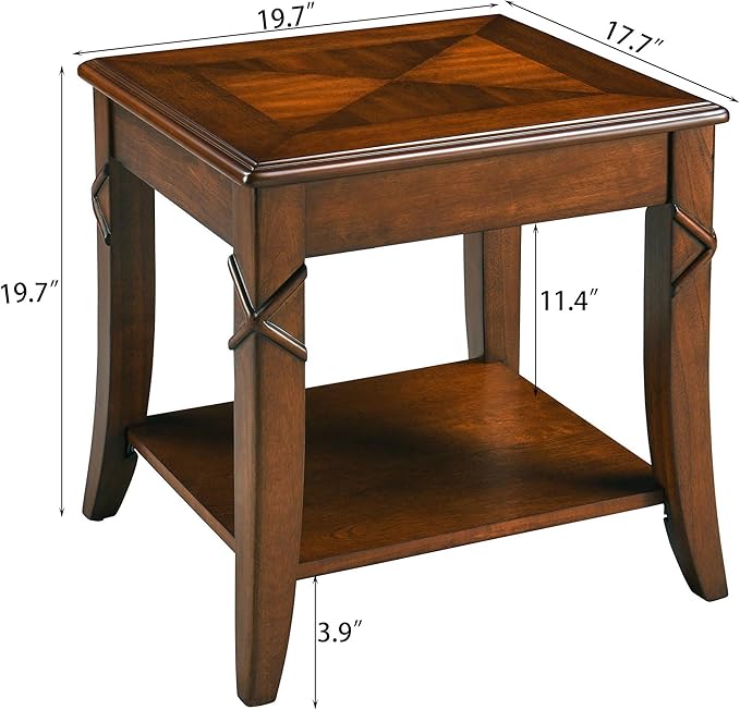 PADMA HOUSE Solid Wood End Table with Shelf, Vintage Rectangle Sofa Side Table with Dual Hourglass Tabletop, Apartment Telephone Table with Curved Legs for Living Room, 19.7 * 17.7 * 19.7in