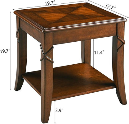 PADMA HOUSE Solid Wood End Table with Shelf, Vintage Rectangle Sofa Side Table with Dual Hourglass Tabletop, Apartment Telephone Table with Curved Legs for Living Room, 19.7 * 17.7 * 19.7in