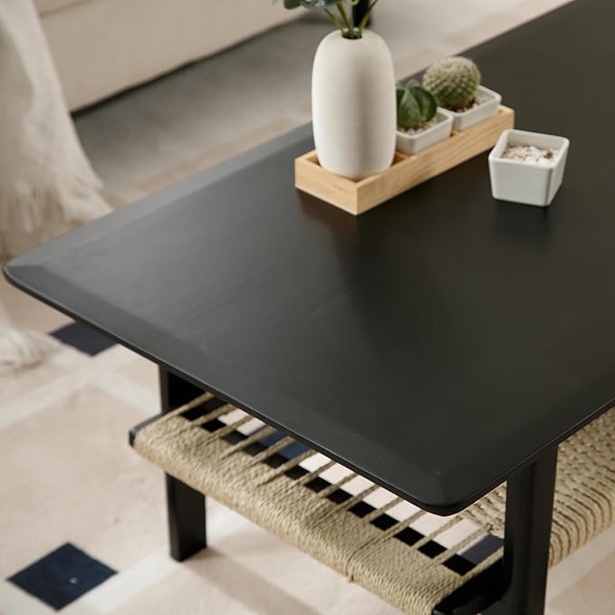 Kmax Coffee Table with Storage, Black Coffee Table Farmhouse Living Room Tables Rectangular Center Table with Rope Woven/Rattan Storage Shelf for Living Room Reception