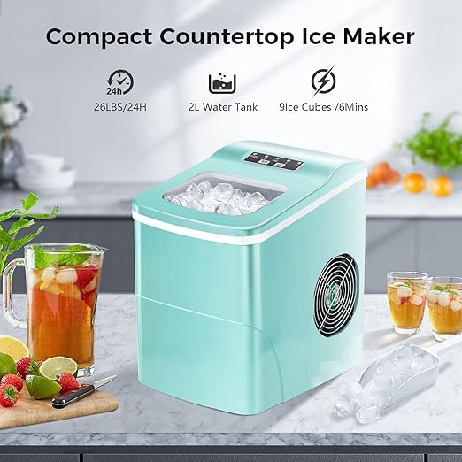 AGLUCKY Ice Makers Countertop with Self-Cleaning, 26lbs/24hrs, 9 Cubes Ready in 6 Mins, Portable Ice Machine with 2 Sizes/Scoop/Basket for Home/Kitchen/Office/Bar/Party, Green