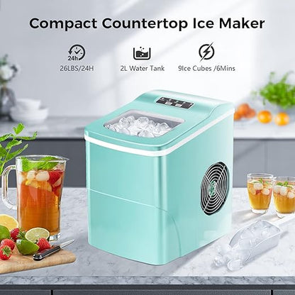 AGLUCKY Ice Makers Countertop with Self-Cleaning, 26lbs/24hrs, 9 Cubes Ready in 6 Mins, Portable Ice Machine with 2 Sizes/Scoop/Basket for Home/Kitchen/Office/Bar/Party, Green
