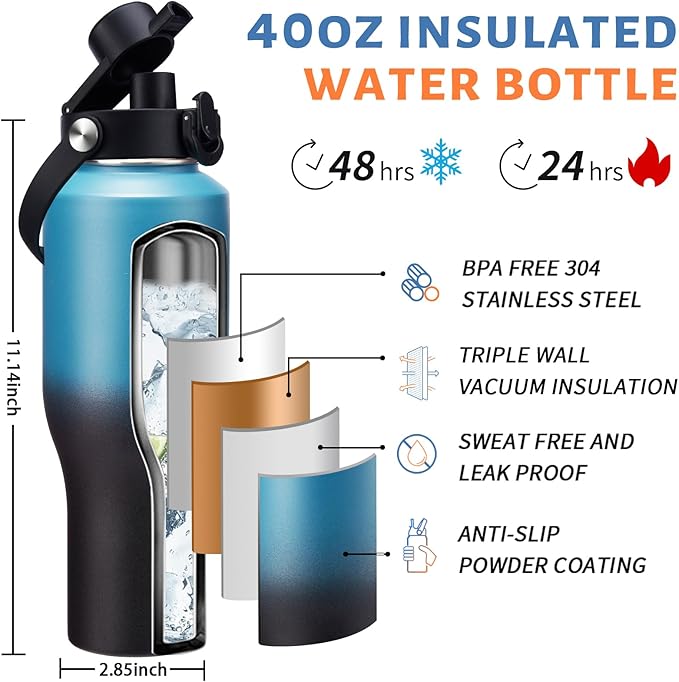 40 oz Insulated Water Bottle with Straw fit in Car Cup Holder - Metal Water Bottle with Straw, Auto Spout Lid, Thermal Water Tumbler Cup with Lid, Storage Carrier Bag, Silicone Boot