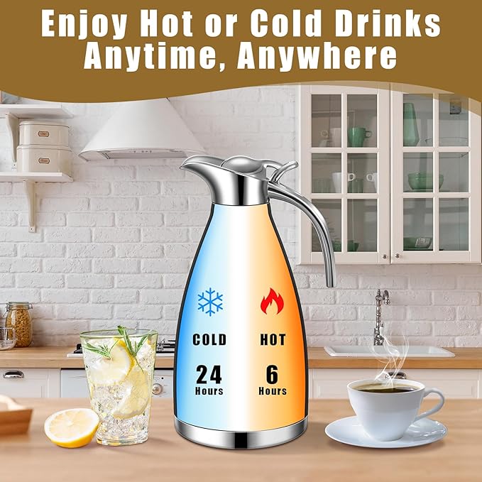 Uiifan 2 Pcs 68 oz Thermal Coffee Carafe Insulated Stainless Steel Coffee Carafe for Hot Liquids Vacuum Thermal Pot Creamer Dispenser with Brushes Keeping Hot Tea Milk Water(Black, White)