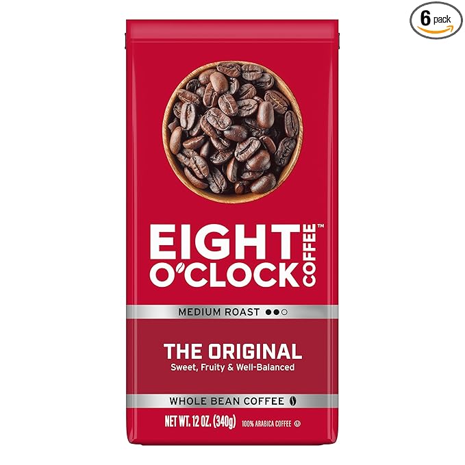 Eight O'Clock Coffee The Original Whole Bean Coffee, Medium Roast, 12 Ounce (Pack of 6) - Sweet, Fruity, Well Balanced