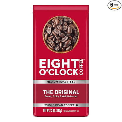 Eight O'Clock Coffee The Original Whole Bean Coffee, Medium Roast, 12 Ounce (Pack of 6) - Sweet, Fruity, Well Balanced