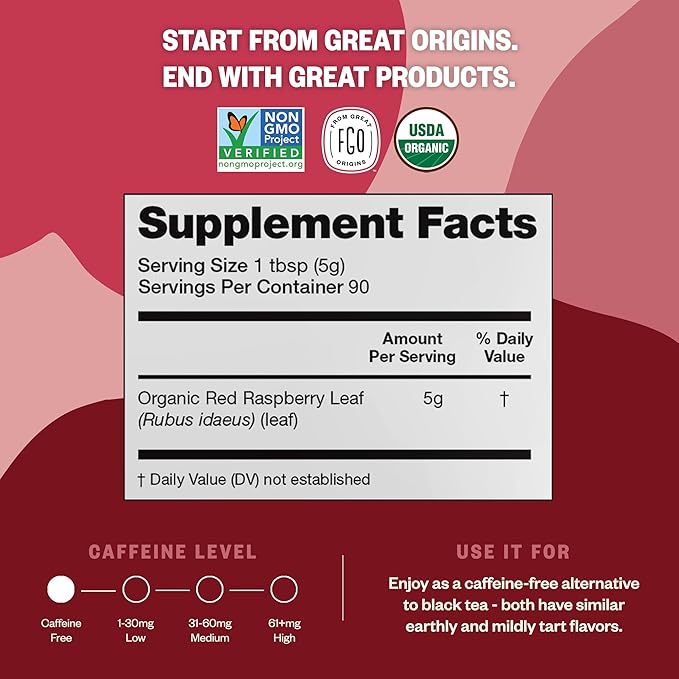 FGO Organic Red Raspberry Loose Leaf Herbal Tea, Cut and Sifted, Caffeine Free, 16oz Bulk Resealable Pouch, Packaging May Vary (Pack of 1)