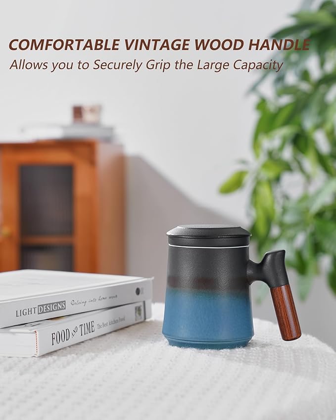 ZENS Gradient Blue Tea Cup with Infuser and Lid, 14.5oz Wood Handle Tea Mug, Loose Leaf Tea Steeper & Strainer, Tea Lovers Gifts