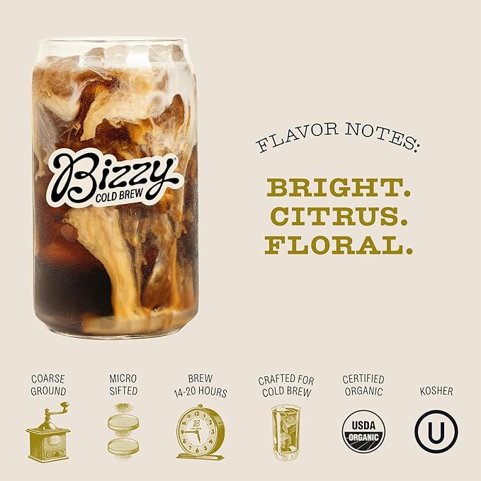 Bizzy Organic Cold Brew Coffee | Light & Bright Blend | Coarse Ground Coffee | Light Roast | Micro Sifted | Specialty Grade | 100% Arabica | Brew Bags | 4 Count | Makes 14 Cups