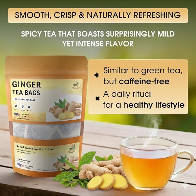 Ginger Tea Bags - 50 Bags - Premium & Spicy Ginger Herbal Tea - Pure Natural Extract Caffeine-Free and Gluten-Free Herbal Tea from Real Flowers for Relaxation with Smooth Taste (50 count)