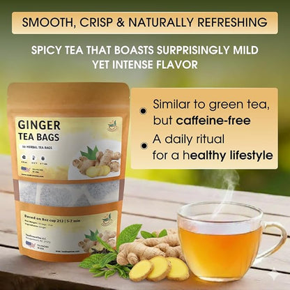 Ginger Tea Bags - 25 Bags - Premium & Spicy Ginger Herbal Tea - Pure Natural Extract Caffeine-Free and Gluten-Free Herbal Tea from Real Flowers for Relaxation with Smooth Taste (25 count)
