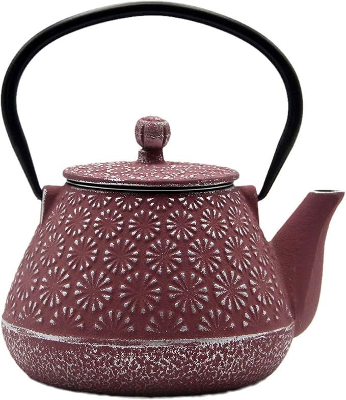 Cast Iron Teapot, 20.3oz Small, Enameled Interior, Stainless Steel Infuser for Loose Tea (Pink Gerbera Pattern)