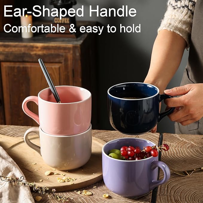 Soup Mugs with Handles, 21 OZ Large Ceramic Soup Cup, Oven Proof Soup Bowls Microwave Safe for Men Women Housewarming Birthday Christmas Gift, Purple