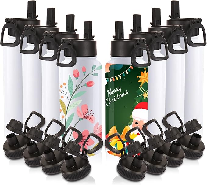 Volhoply Sublimation Insulated Water Bottles Blank Bulk 8 Pack, 32 oz Stainless Steel Sports Bottle with Straw, Double Walled Vacuum Metal Water Flask with Wide Mouth(Sublimation,8)