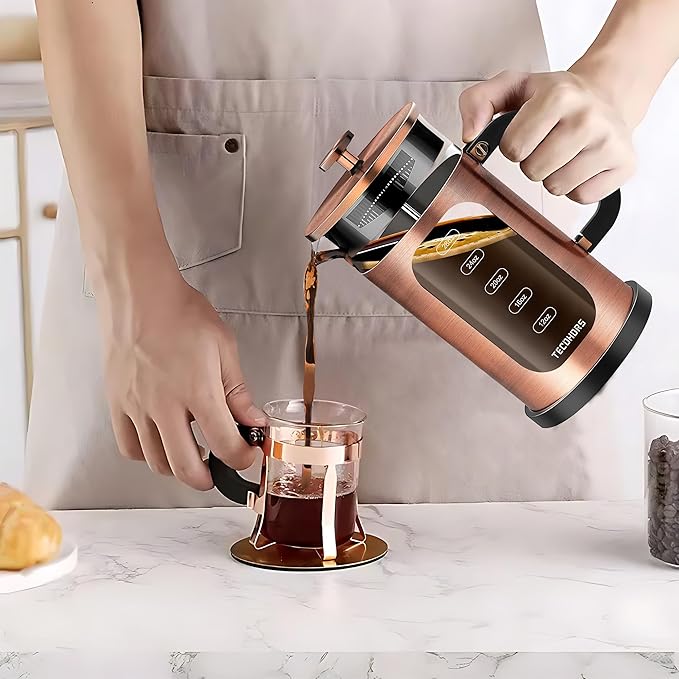 French Press Coffee Maker 34oz / 1 Quart 304 Stainless Steel Coffee Press,with 4 Filters System, Heat Resistant Thickness Borosilicate Glass, Brewed Coffee Pot (Copper)