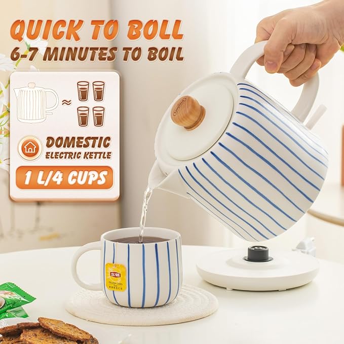 1.0-Liter Ceramic Electric Kettle, 1000W Rapid Boil, Tea Kettles Pot & Hot Water Boiler For Coffee & Tea, Teapot Auto Shut-Off, Boil-Dry Protection