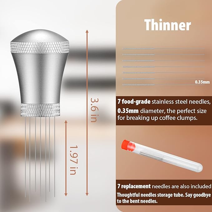 WDT Espresso Distribution Tool Espresso Stirrer Tools for Barista, 0.35mm 7 Needles Espresso Coffee Stirrer with Extra 7 Replaceable Needles, Aluminum Alloy Handle with Stand (Silver)